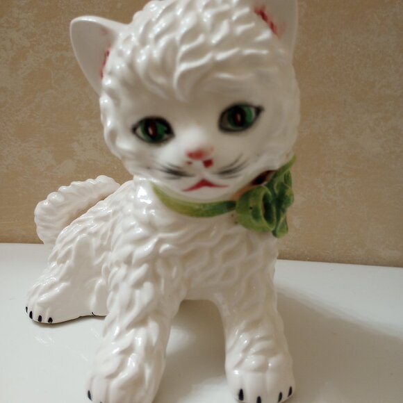 White Curly Persian Cat Figurine Kitsch Vintage Japan Porcelain - Picture 5 of 8